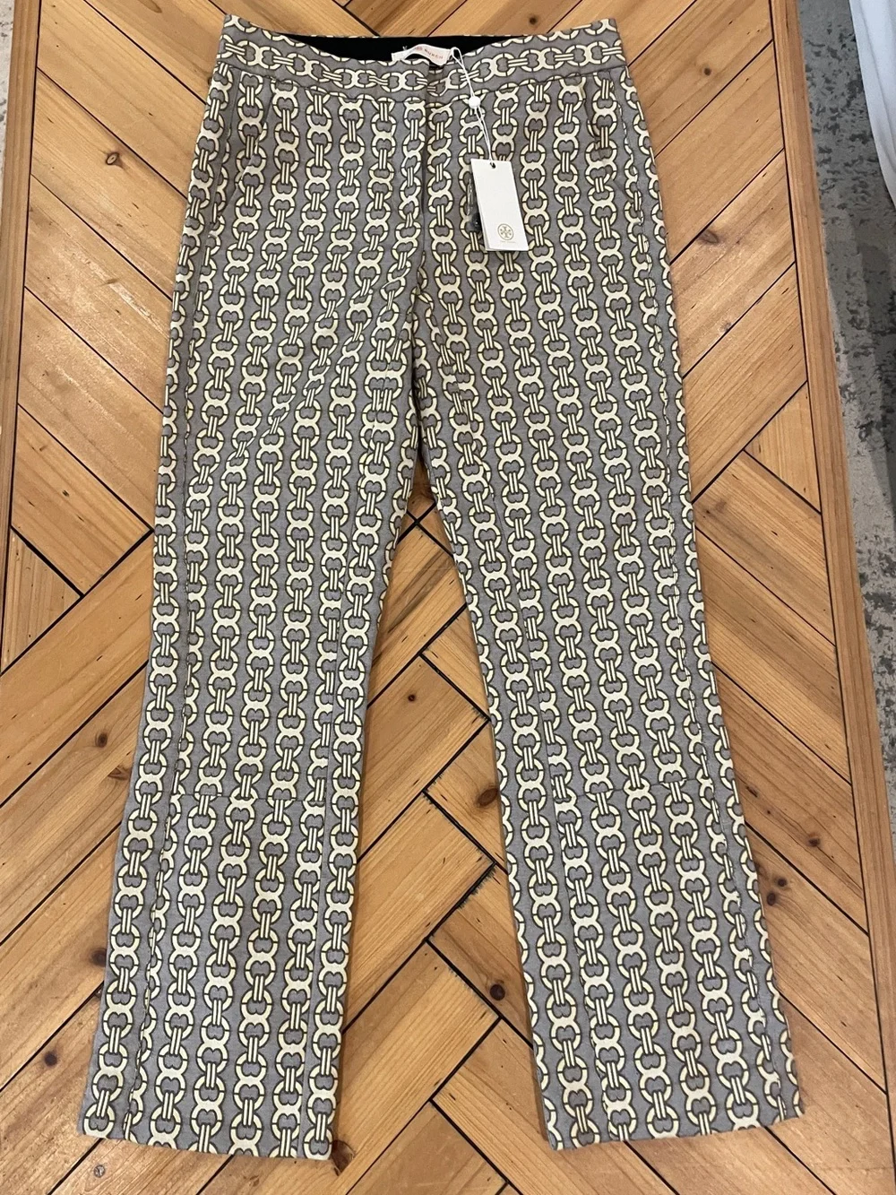 NWT Tory Burch Yellow & Brown Gemini Link Jacquard Pants - Size 00
